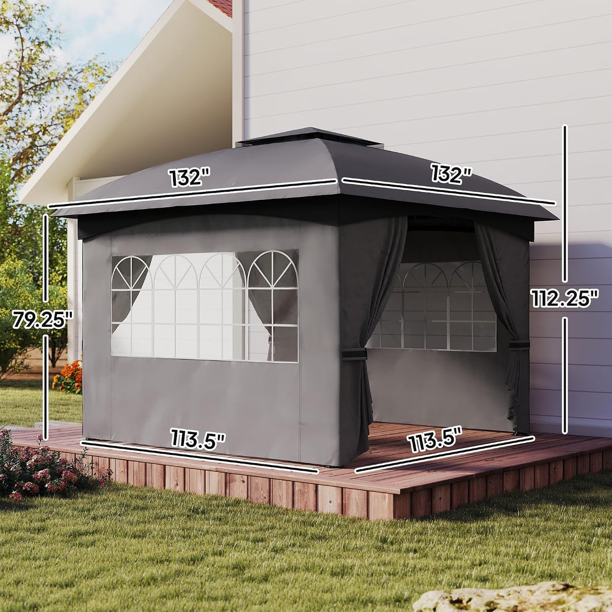 Outsunny 11' x 11' Outdoor Gazebo, Arc Patio Gazebo Canopy Shelter, UV Protected, with Curtains, Church Windows, Double Roof, Galvanized Steel Frame for Lawn, Backyard and Deck, Dark Gray