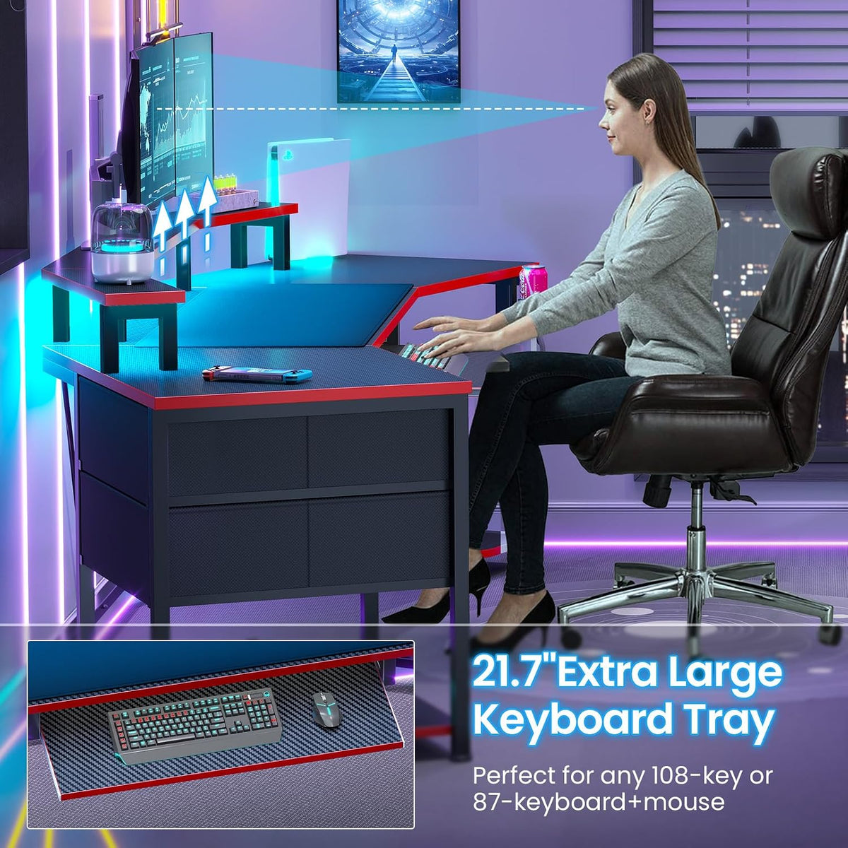 Itaar 79' Gaming Desk with 2 Fabric Drawers, Long Computer Desk with Power Strip & LED Lights, U Shaped Desk wtih Storage and Cup Holder, Large Gaming Table for Bedroom, Carbon Fiber Black+Red