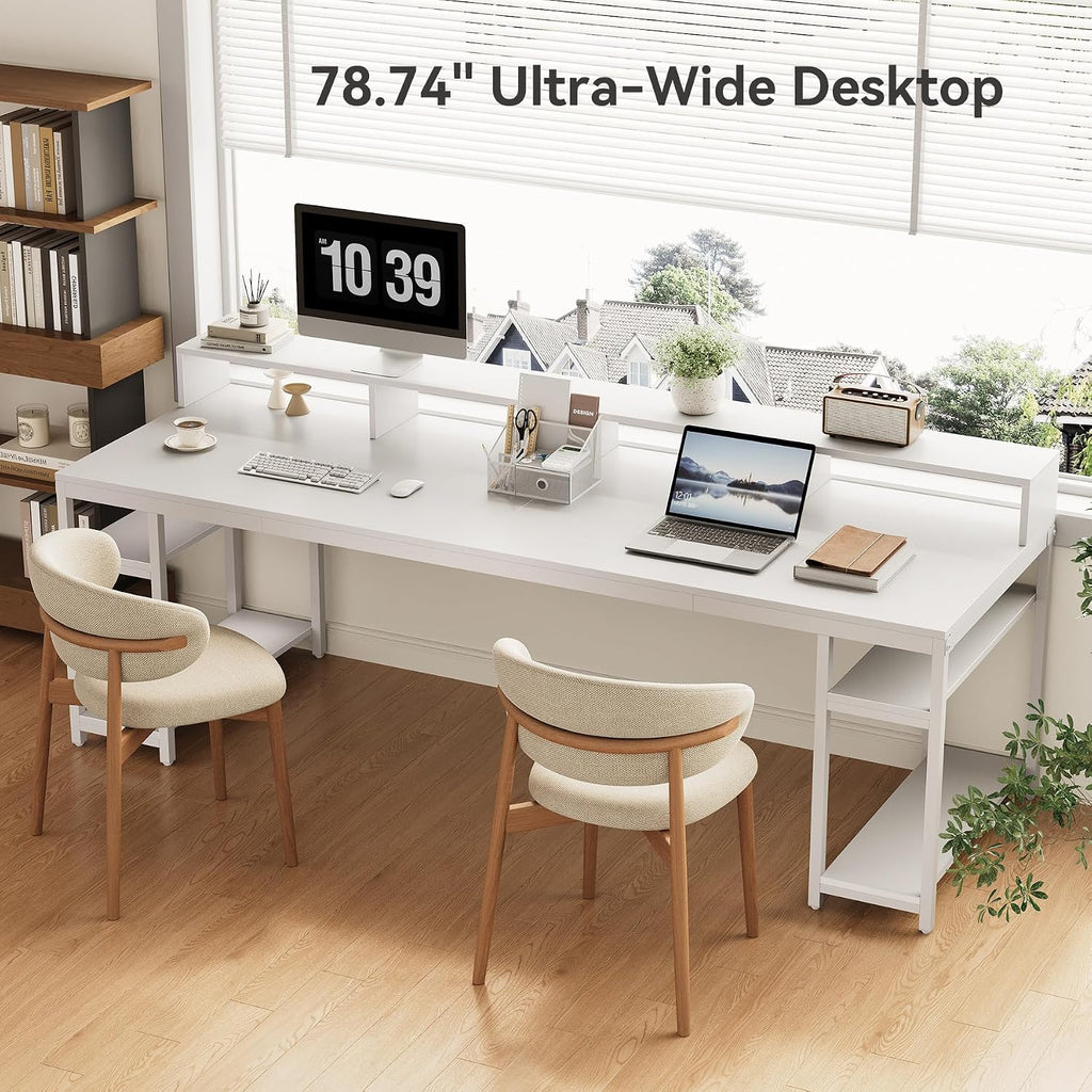LITTLE TREE 78-Inch Double Desk with Storage Shelves, 2-Person Gaming Desk for Home Office, Long Desk with Monitor Stand (White)