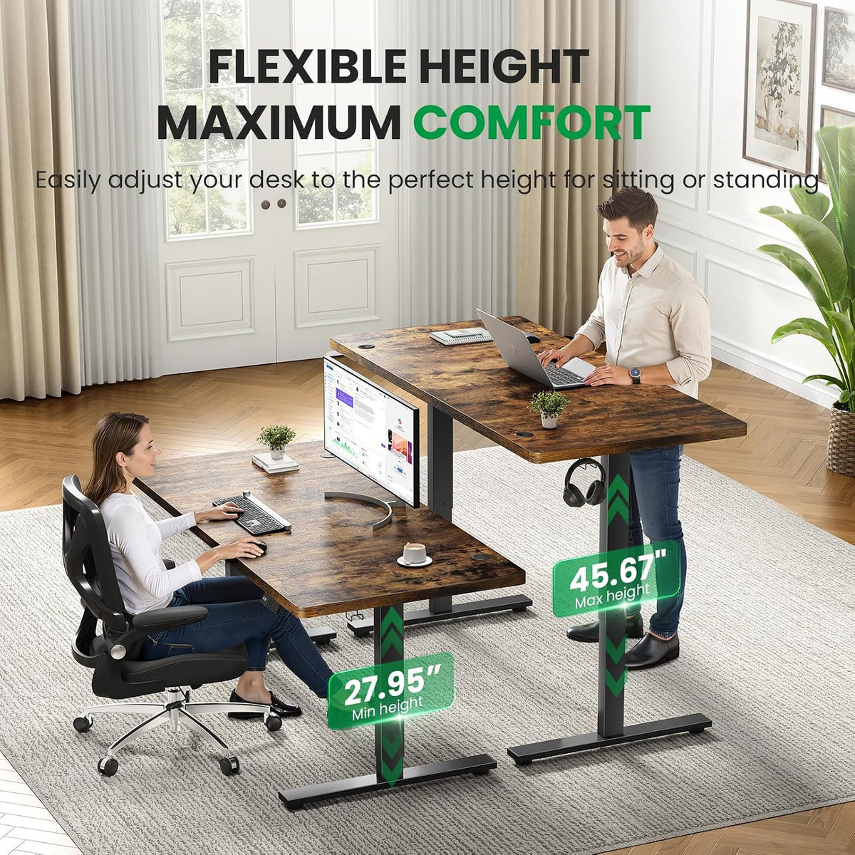 1 Inch Thick Tabletop Electric Standing Desk Adjustable - 60x28 Inch Sit Stand Desk, Double Beam Frame, 3 Memory Height Adjustment, Cable Management for Home Office