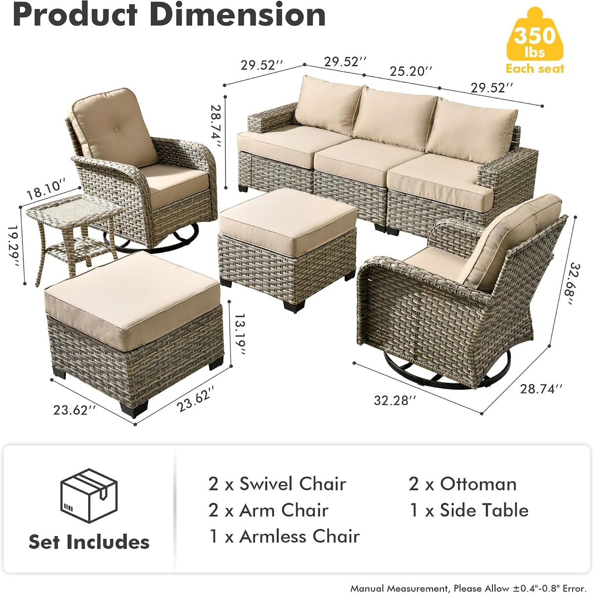 HOOOWOOO Outdoor Sectional Patio Furniture Set,8 Pieces Wicker Conversation Sets,Extra Deep Out Door Sofa Outside Furniture Couch with Swivel Chairs Ottoman,Beige