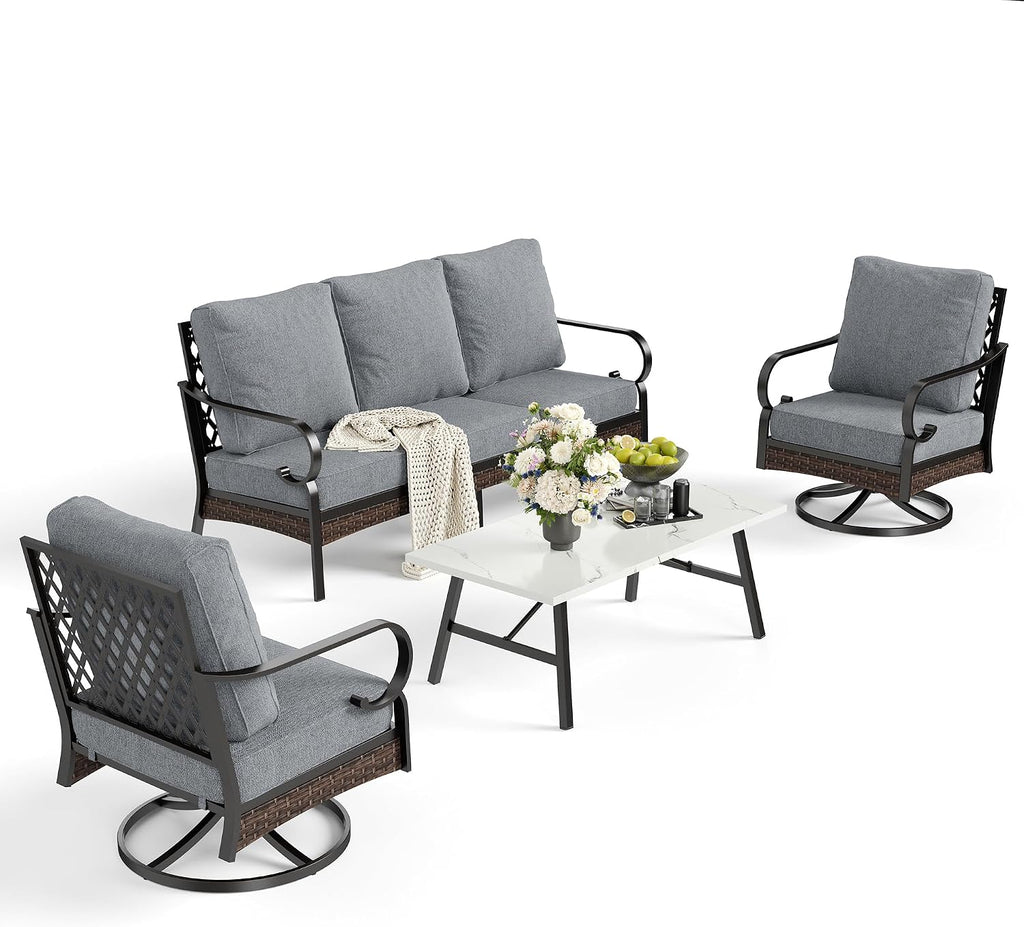 SUNSHINE VALLEY 4 PCS Metal Outdoor Patio Furniture Set, Patio Conversation Sets 1 3-Seater Sofa, 2 Swivel Chairs with 5.75' Extra Thick Cushion & Coffee Table, Black Frame Backyard Furniture, Gray
