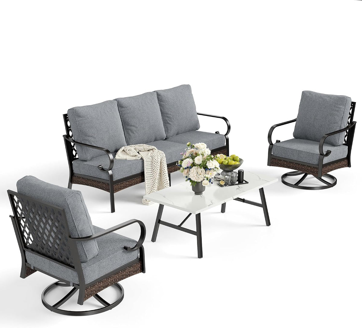 SUNSHINE VALLEY 4 PCS Metal Outdoor Patio Furniture Set, Patio Conversation Sets 1 3-Seater Sofa, 2 Swivel Chairs with 5.75' Extra Thick Cushion & Coffee Table, Black Frame Backyard Furniture, Gray