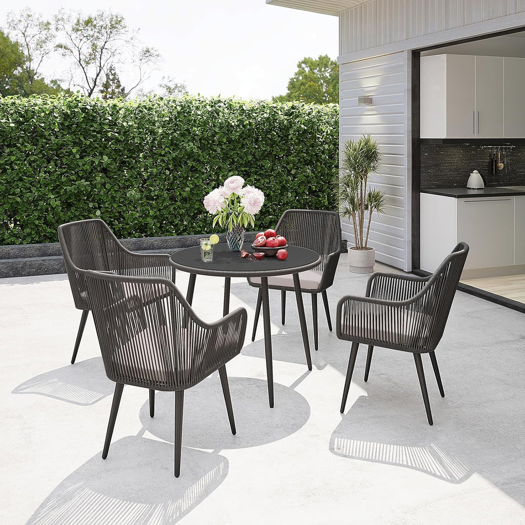 Patiorama 5-Piece Patio Dining Set,Outdoor Dining Table Chair Set,All-Weather Twisted Rattan Wicker Rope Conversation Set,Patio Furniture Set w/Umbrella Hole,4 Cushioned Chairs&Glass Table(Dark Black)