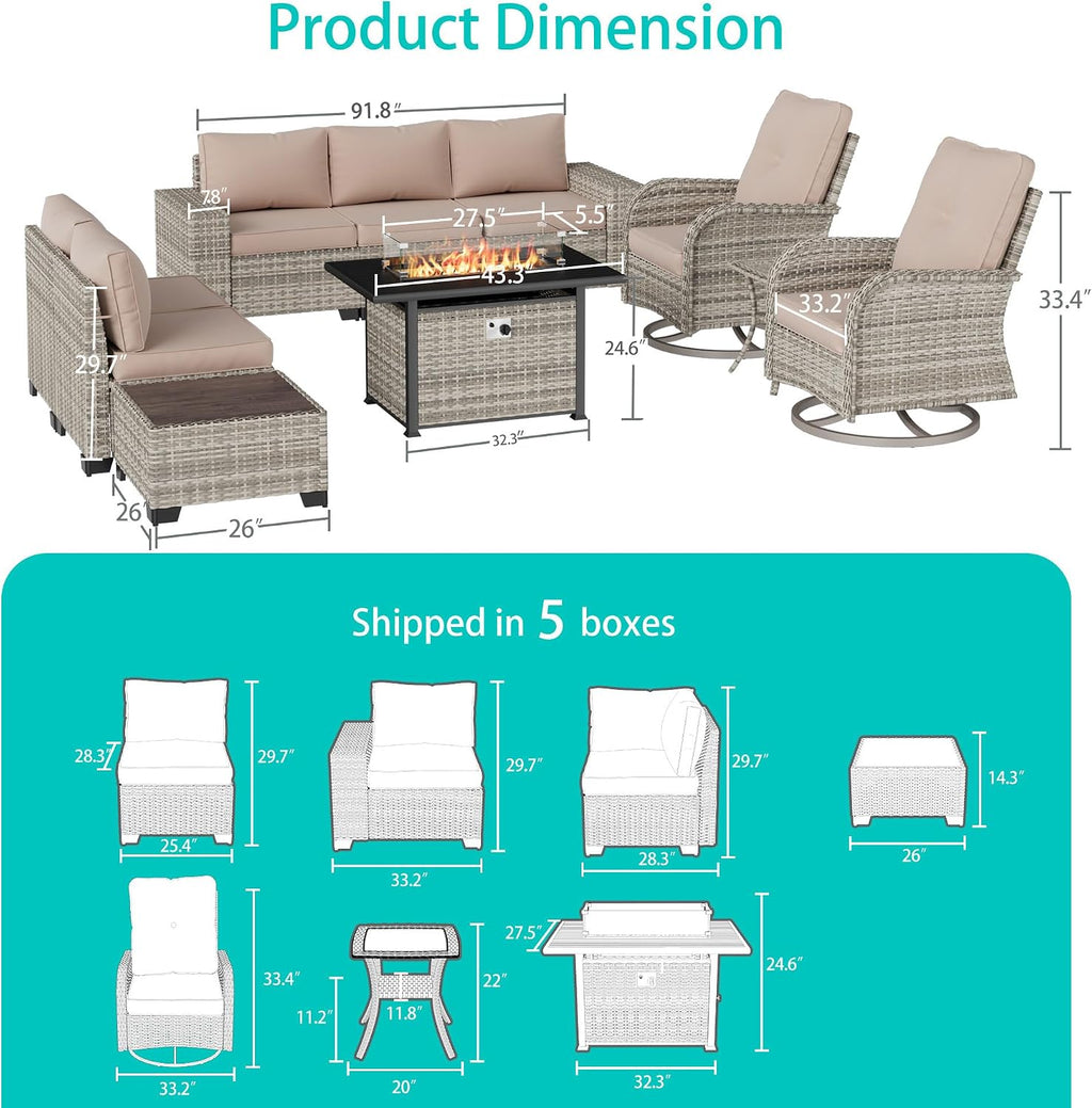 10-Piece Outdoor Patio Furniture Set with Swivel Rocking Chair, Outdoor Sectional Sofa with 55,000 BTU Fire Pit Table PE Wicker Rattan Patio Conversation Set with Coffee Table, Khaki