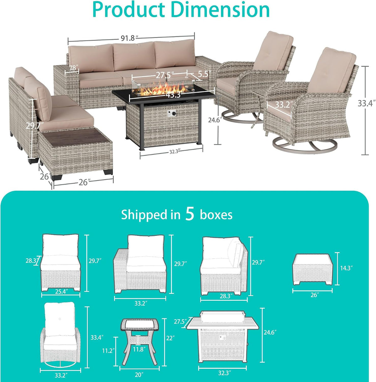 10-Piece Outdoor Patio Furniture Set with Swivel Rocking Chair, Outdoor Sectional Sofa with 55,000 BTU Fire Pit Table PE Wicker Rattan Patio Conversation Set with Coffee Table, Khaki
