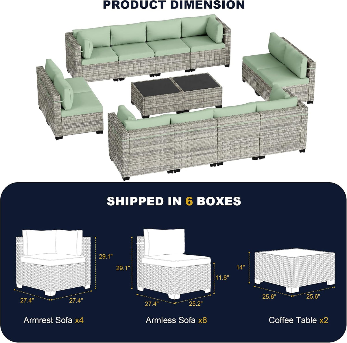 14-Piece Outdoor Patio Furniture Set, PE Wicker Rattan Sectional Sofa Conversation Set with Tempered Glass Table & Thick Cushions - All-Weather Garden, Backyard Furniture, Light Green