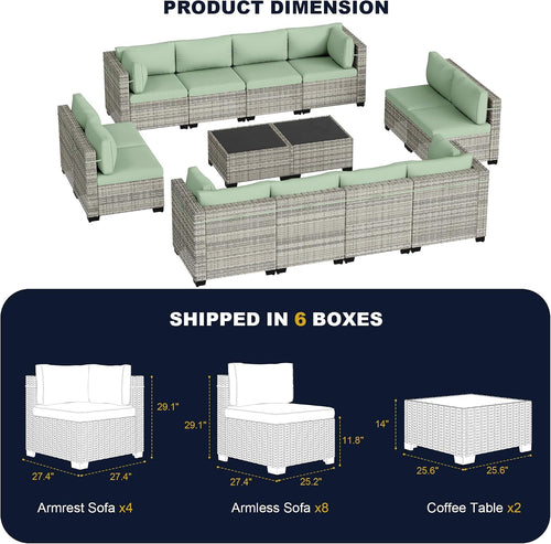 14-Piece Outdoor Patio Furniture Set, PE Wicker Rattan Sectional Sofa Conversation Set with Tempered Glass Table & Thick Cushions - All-Weather Garden, Backyard Furniture, Light Green