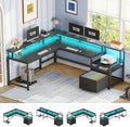 SEDETA 66' L Shaped Desk with Power Outlet, Reversible Home Office Computer Desk with File Drawer & Monitor Shelf, Storage Shelves, LED Lights for Corner Small Spaces, Black