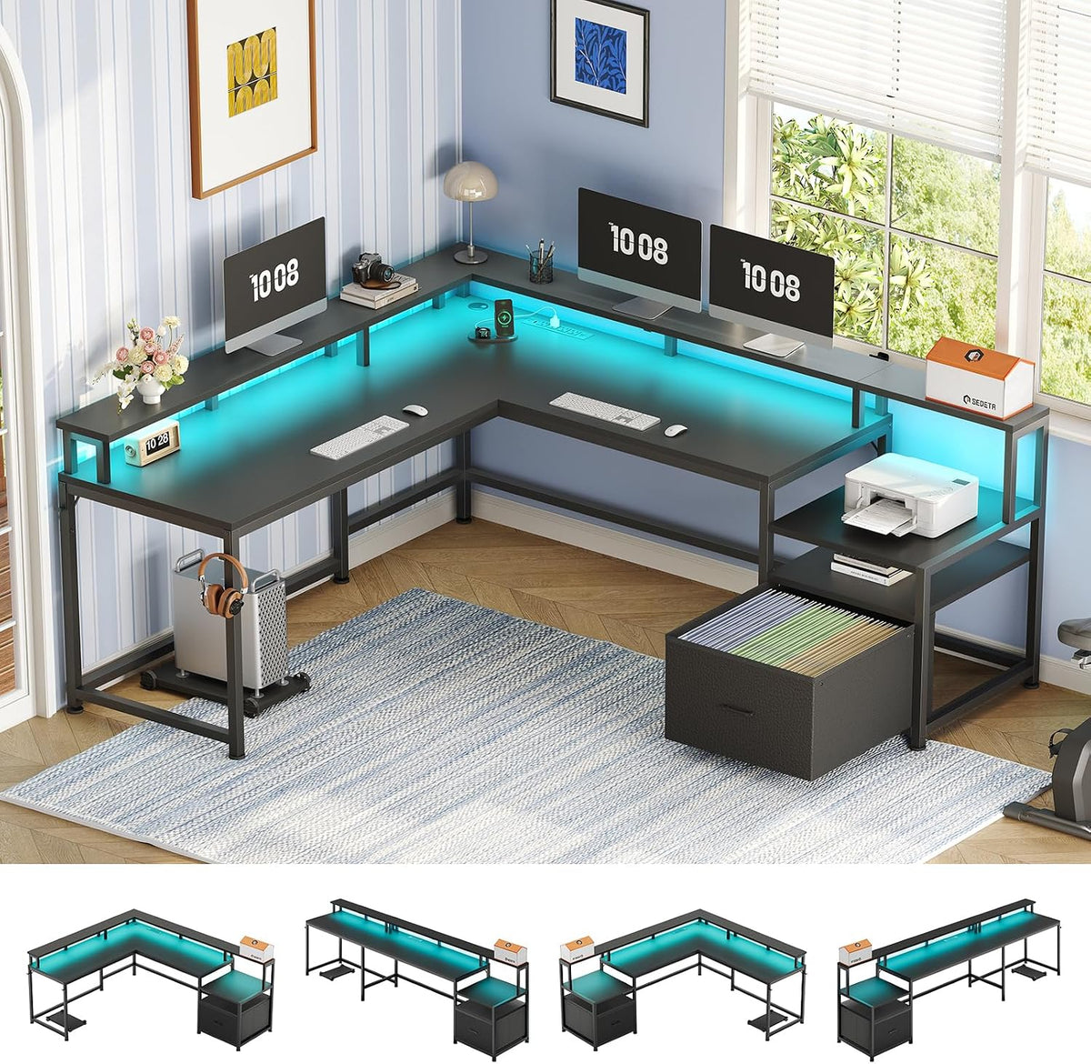 SEDETA 66' L Shaped Desk with Power Outlet, Reversible Home Office Computer Desk with File Drawer & Monitor Shelf, Storage Shelves, LED Lights for Corner Small Spaces, Black
