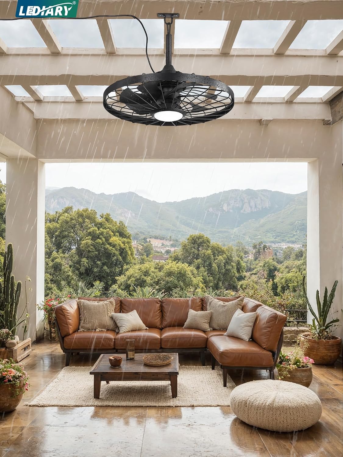 LEDIARY 24' Outdoor Ceiling Fan with Lights,IP65 Waterproof Gazebo Hanging Fan with Remote Control Smart App, Plug in Caged Ceiling Fan with 3CCT 6-Speeds for Patio Porch Pergola(Black)