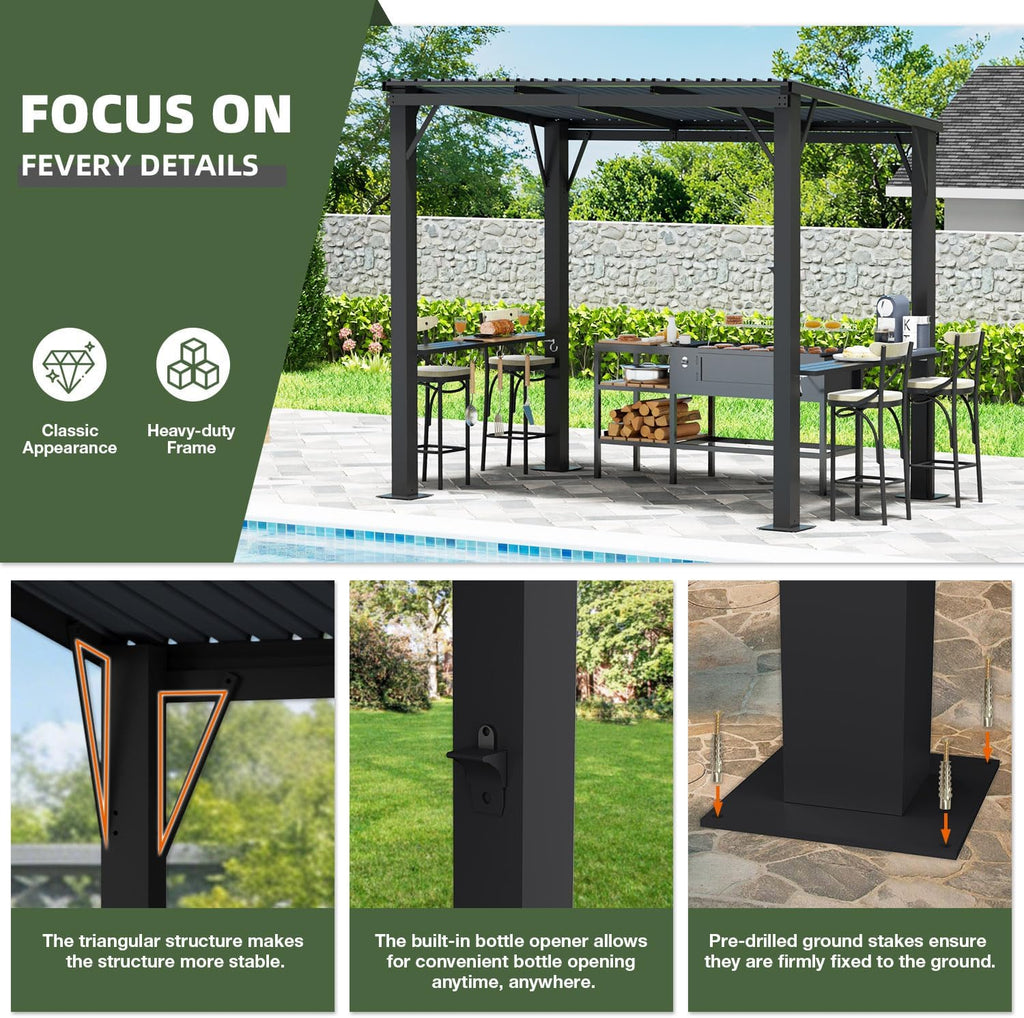 EBE 5'x8' Hardtop Grill Gazebo, Outdoor Gazebo with Side Shelves, BBQ Grill Canopy with Bottle Opener & Hooks, Metal Gazebo Pergola for Patio, Backyard, Deck