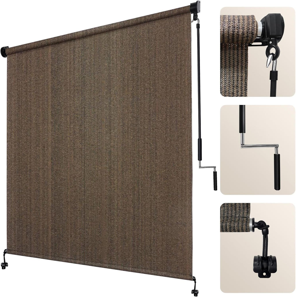 Artpuch Outdoor Roller Shades with Splicing Design, 10' W x 8' H Exterior Cordless Patio Shades Roll Up Blinds for Porch, Gazebo, Pergola, Balcony, Mocha