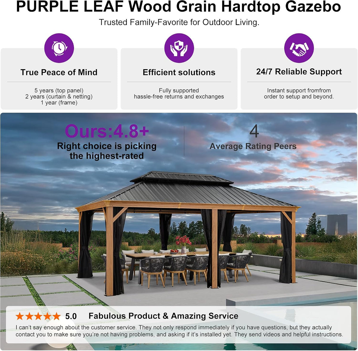 PURPLE LEAF 12' X 18' Outdoor Hardtop Gazebo for Patio Galvanized Steel Double Roof Permanent Canopy Teak Finish Coated Aluminum Frame Pavilion Gazebo with Netting