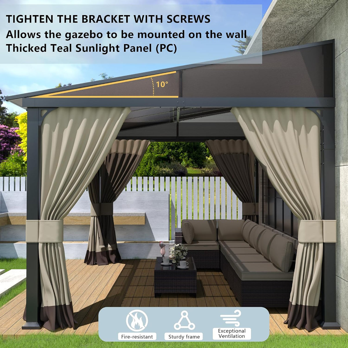 Kurapika 10' x 12' Wall Mount Gazebo Outdoor Pergola, Hardtop Lean to Gazebo Canopy Awnings with Sloped Roof and Sturdy Steel Frame, for Patio, Porch, Deck, Backyard(Grey)