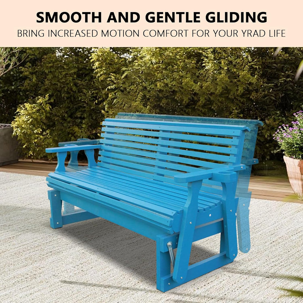 3-Seater Outdoor Glider Chair, 5FT Wood Porch Glider with High Roll Back, Cupholders and Deep Contoured for Porch, Garden, Blue