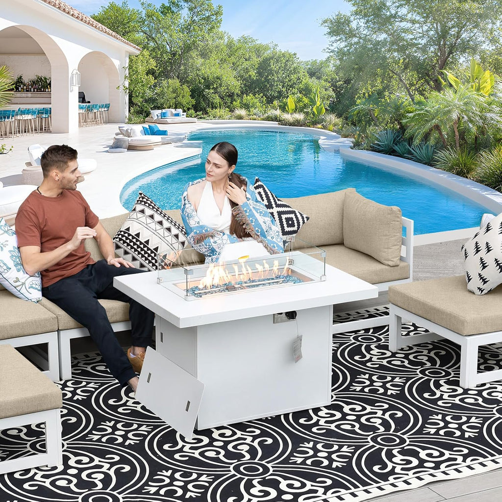 RADIATA 6 Seat Large Luxury Aluminum Patio Conversation Set with Fire Pit Table, 29 inch Wide Deep Seated, U Shaped Sectional Couch, 500 lbs Heavy Duty All Weather Outdoor Sofa for Backyard, Beige