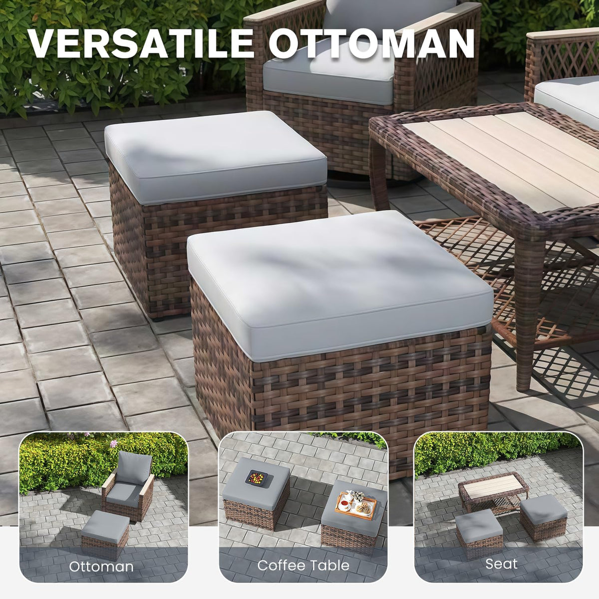 MELLCOM 7-Piece Patio Conversation Set, Outdoor Swivel Glide Chairs with Ottomans, 3-Seat Sofa, Loveseat & Dining Table, All-Weather Furniture Set with Water-Resistant Cushion & High Back for Backyard