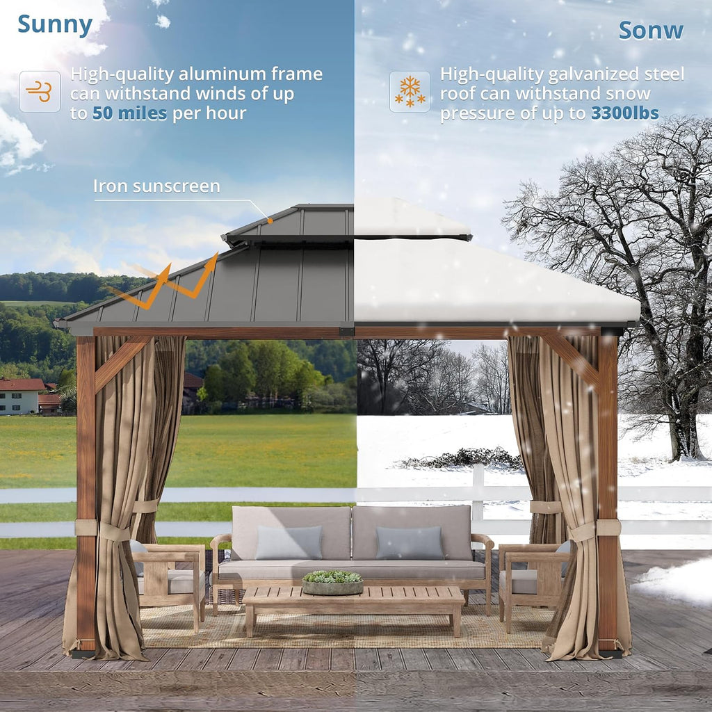 LUE BONA 10x12 Hardtop Gazebo, Galvanized Steel Double Roof Permanent Pavilion with Wood-Like Aluminum Frame, Outdoor Metal Gazebo Canopy with Nettings and Curtains for Deck, Patio, Backyard