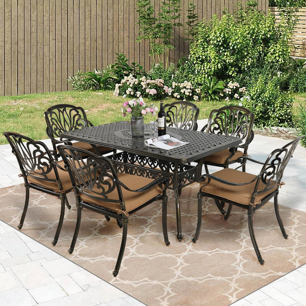 MEETWARM 7-Piece Outdoor Patio Dining Set, All-Weather Cast Aluminum Patio Conversation Set for Backyard Garden Deck with 6 Cushioned Chairs, 1 Rectangular Table, 2' Umbrella Hole, Dark Bronze