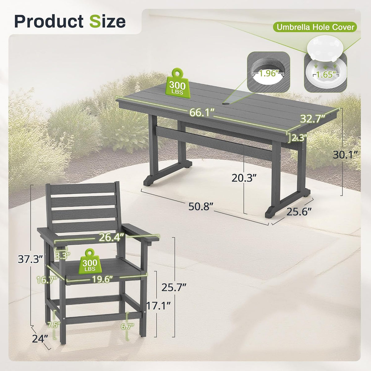 7 Piece Outdoor Dining Set, HDPS Patio Table and Chairs Set, 66' Patio Table with 1.96' Umbrella Hole & 6 Chairs, All Weather Furniture for Garden, Backyard, Poolside (Grey)