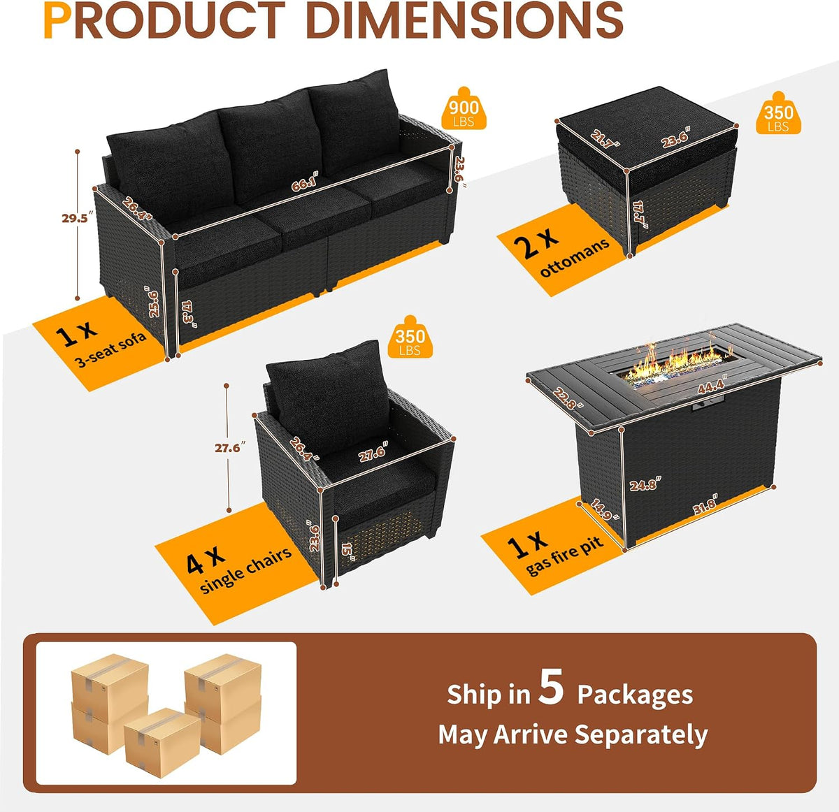 UDPATIO Patio Furniture Set with 44' Fire Pit Table, 8 Pieces Outdoor Sectional Conversation Sets, All-Weather Wicker Rattan Sofa Ottoman with 4' Thick Cushion for Garden Backyard Deck, Black