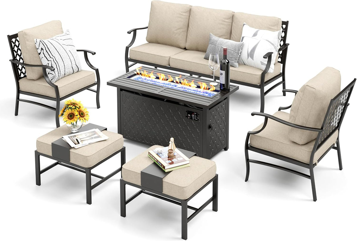 MIXPATIO Patio Furniture Set, 6 Pcs Metal Outdoor Conversation Set, 2 Single Chairs, 2 Ottomans and 3 Seater Sofa with 5.75' Extra Thick Cushion and Gas Fire Pit Table, Beige