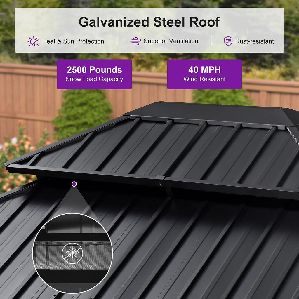 PURPLE LEAF 12' X 14' Outdoor Hardtop Gazebo for Patio Galvanized Steel Double Roof Permanent Canopy Teak Finish Coated Aluminum Frame Pavilion Gazebo with Netting