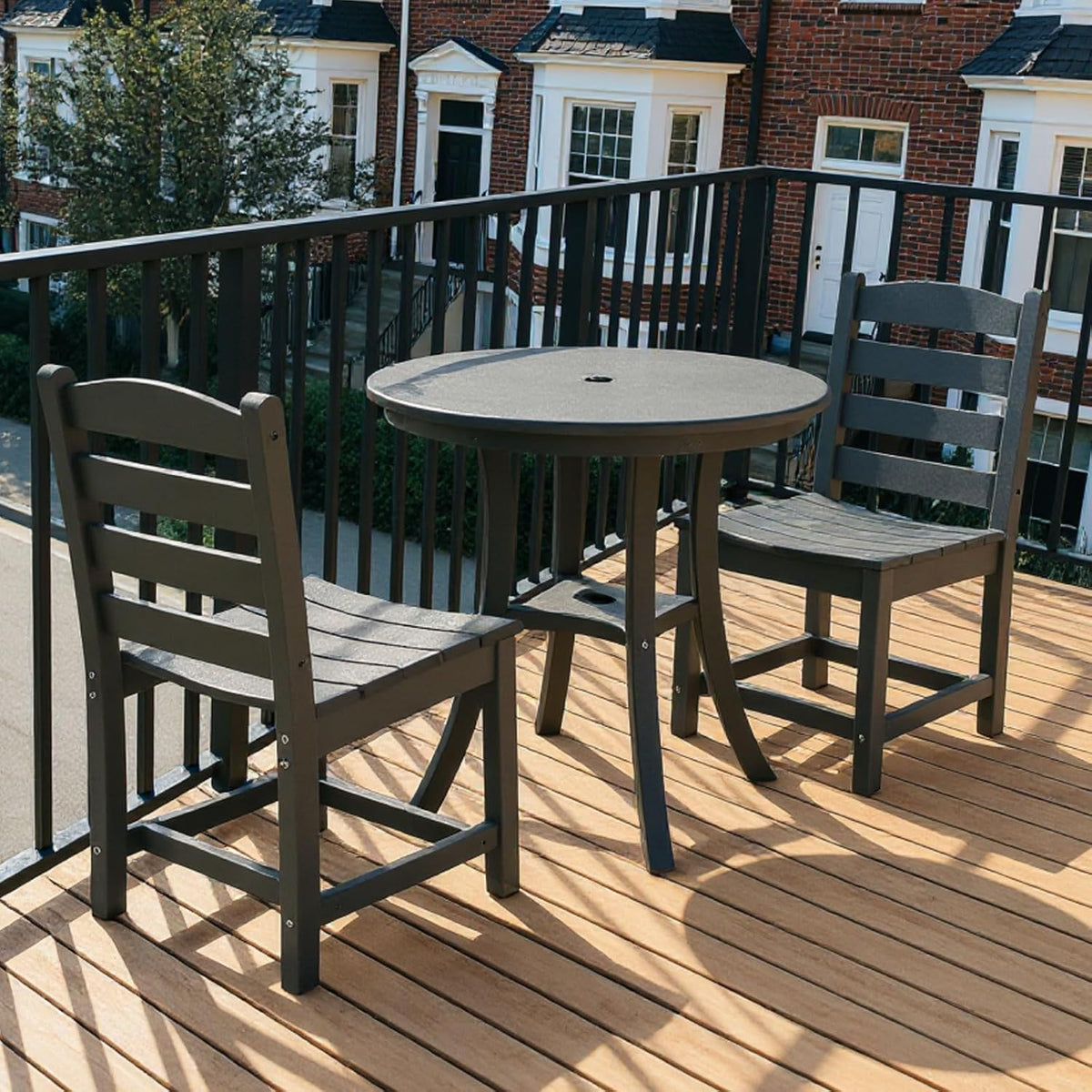3 Piece Outdoor Patio Bistro Set with Umbrella Hole, HDPE Round Coffee Table and Porch Chairs Set of 2, Outdoor Patio Furniture Set with Bistro Table and Chairs for Balcony Garden Deck, Charcoal Gray