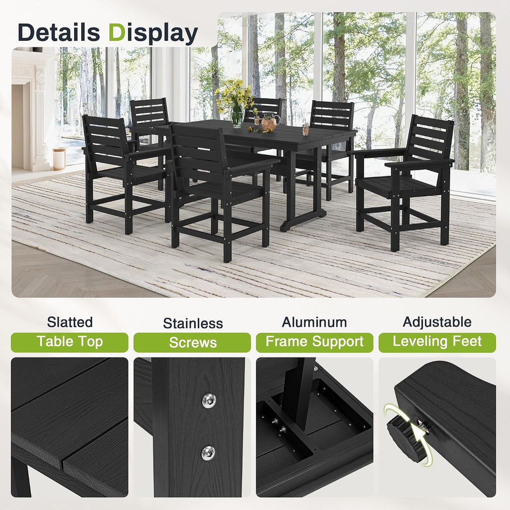 7 Piece Outdoor Dining Set, HDPS Patio Table and Chairs Set, 66' Patio Table with 1.96' Umbrella Hole & 6 Chairs, All Weather Furniture for Garden, Backyard, Poolside (Black)