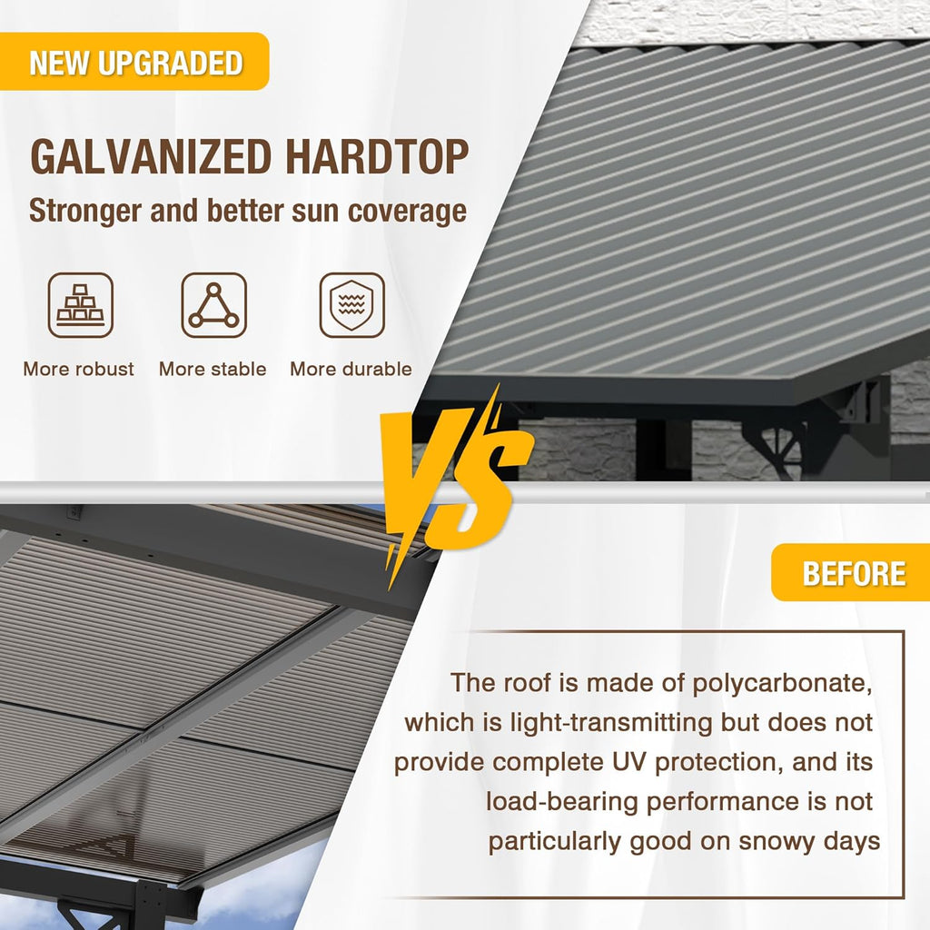 EBE 10' x 8' Outdoor Lean to Gazebo, Hardtop Wall Mounted Pergola with Sloping Galvanized Steel Roof, Lean to Metal Pergola and Gazebo Clearance for Patio, Deck, Backyard