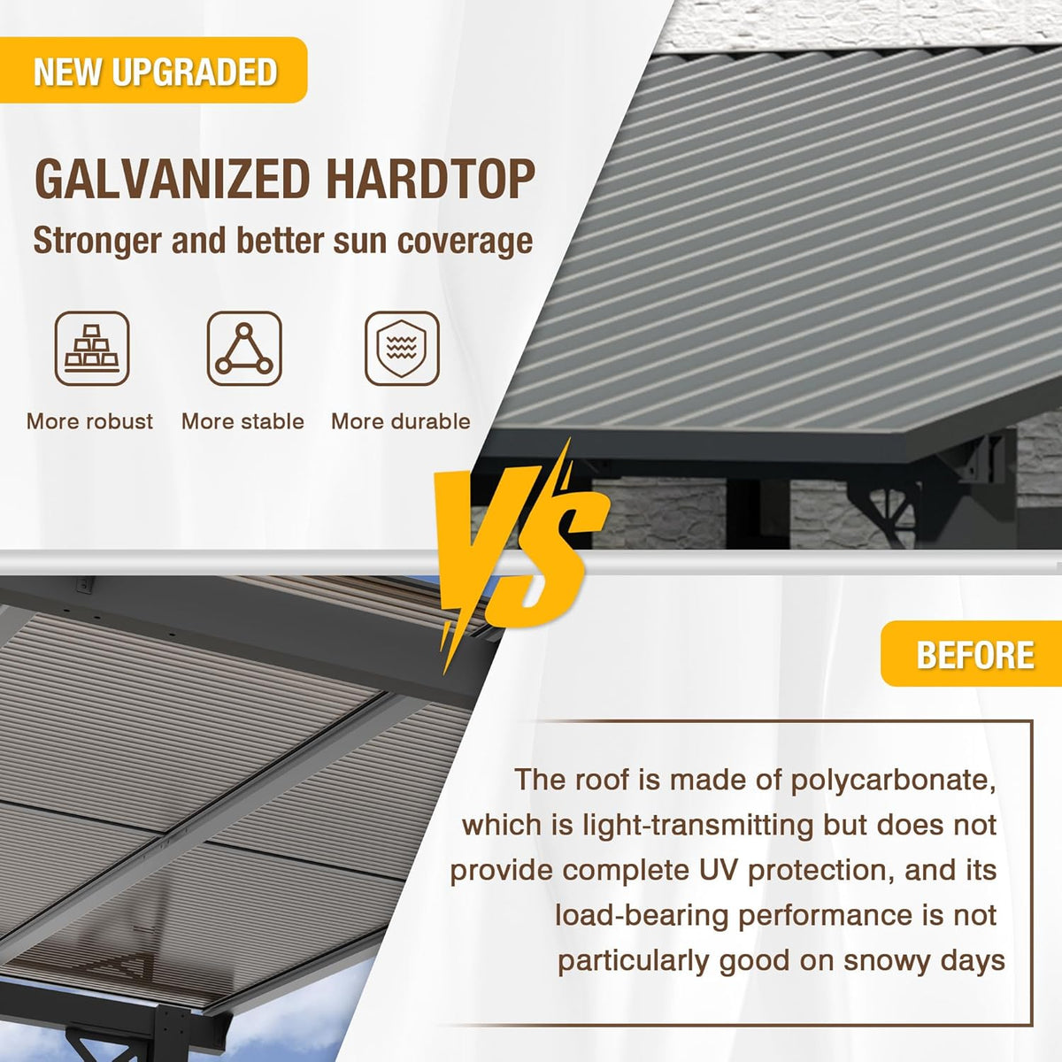 EBE 10' x 8' Outdoor Lean to Gazebo, Hardtop Wall Mounted Pergola with Sloping Galvanized Steel Roof, Lean to Metal Pergola and Gazebo Clearance for Patio, Deck, Backyard