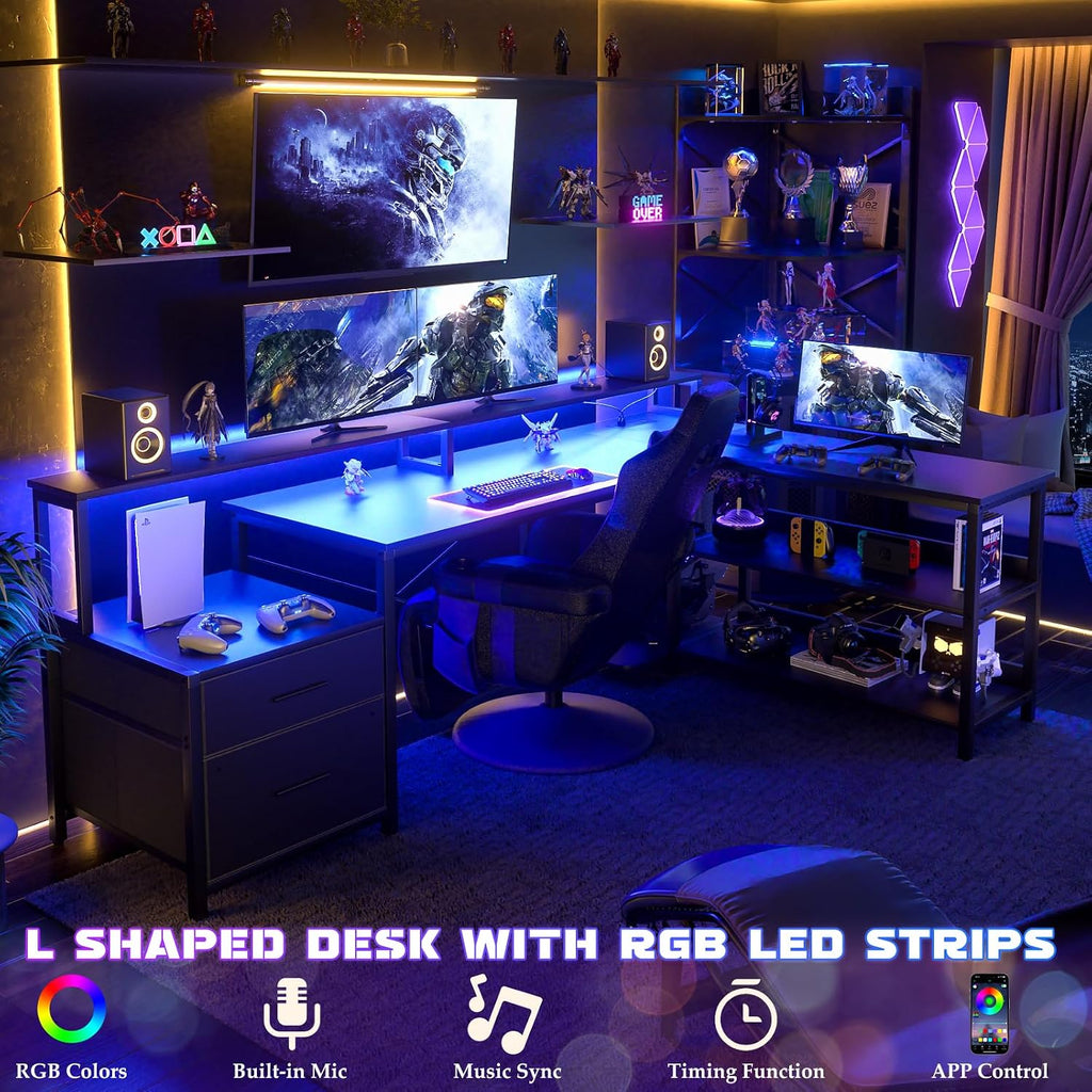 Aheaplus L Shaped Desk with File Drawer, 72.8' Reversible L Shaped Computer Desk with Power Outlet & LED Strip, Gaming Desks with Long Monitor Stand, Corner Office Desks with Storage Shelf, Black