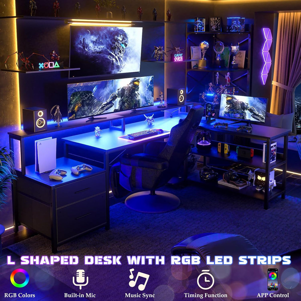 Aheaplus L Shaped Desk with File Drawer, 72.8' Reversible L Shaped Computer Desk with Power Outlet & LED Strip, Gaming Desks with Long Monitor Stand, Corner Office Desks with Storage Shelf, Black