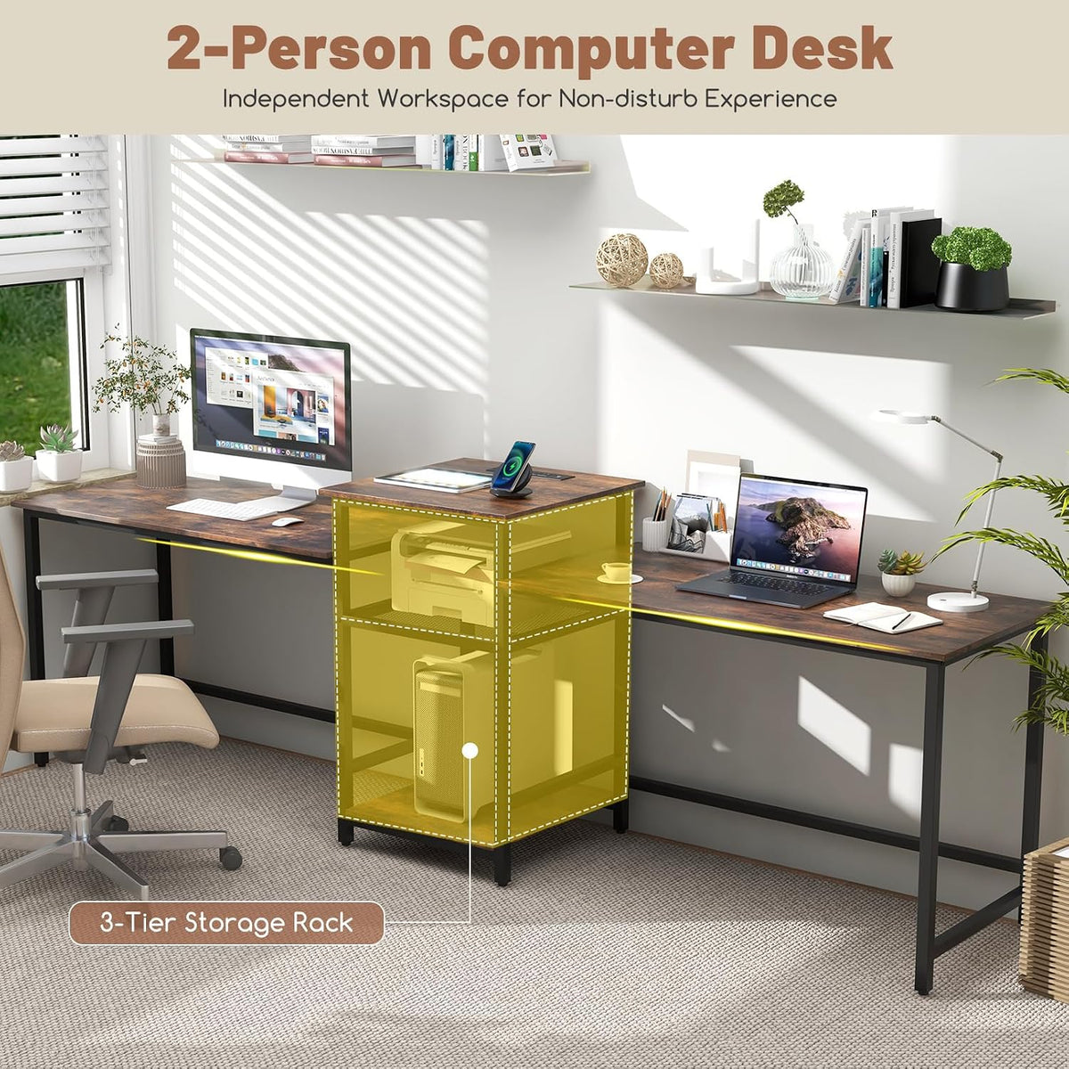 Tangkula 97' Extra Long 2-Person Computer Desk with Power Outlet, Home Office Computer Workstation with Printer Stand, Metal Mesh Shelf & CPU Stand, Double Gaming Table (Rustic Brown)