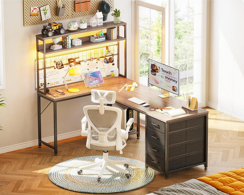 AODK L Shaped Desk Gaming Desk with LED Light & Power Outlet, 59 Inch Reversible L Shaped Computer Table with 4 Drawers for Home Office, Grey