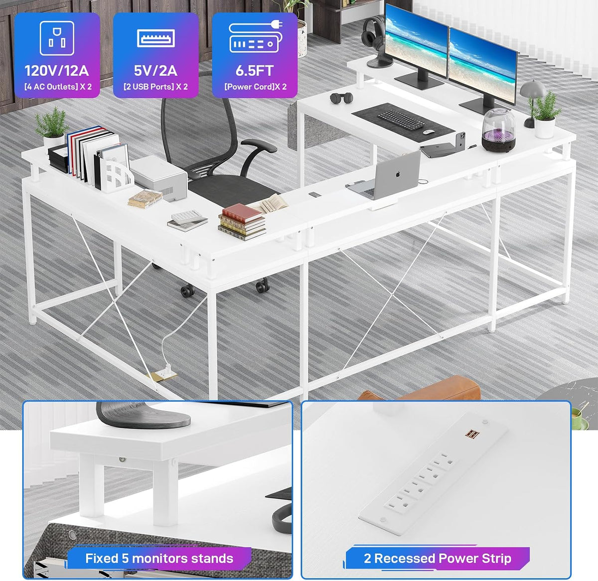 Jojoka U Shaped Computer Gaming Desk, Reversible L Shaped Desk with Power Outlets, LED Strip & Monitor Stand, Large Corner Desk with Storage Shelves for Home Office, White