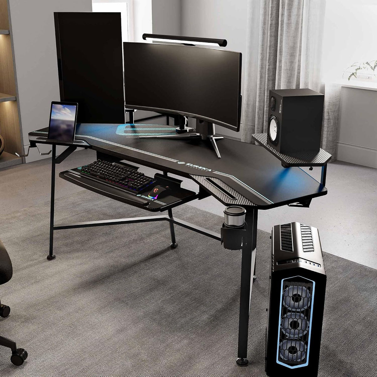EUREKA ERGONOMIC Aero 72 Inch Gaming Desk with Keyboard Tray, Large Computer Desk Led Lights, Wing-Shaped Monitor Stand Dual Headphone Hanger Cup Holder for Studio,Streamer,Live,Black