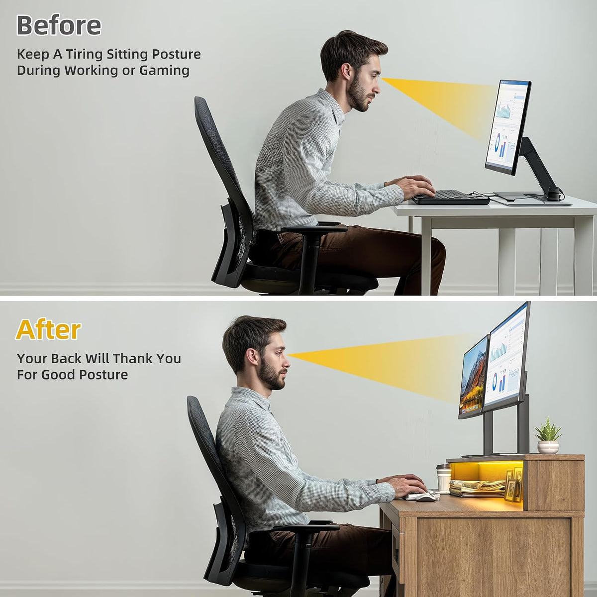 DWVO L Shaped Desk with Drawers, 65' Corner Desk Computer Desk with Power Outlets & LED Lights, Home Office Desk with Storage Shelves & Printer Stand, Light Brown
