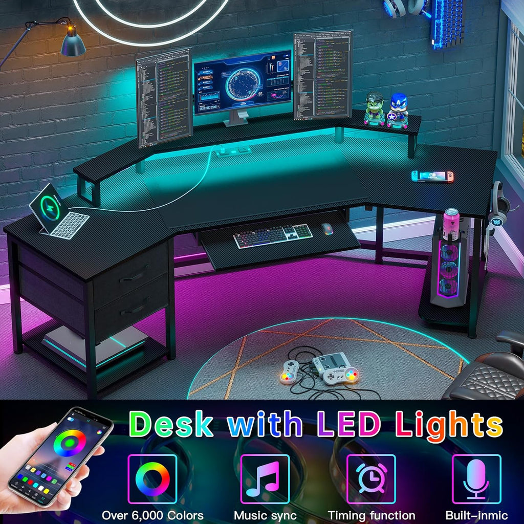 SEDETA 79' Gaming Desk, Computer Desk with 2 Fabric Drawers & LED Light, L Shaped Gaming Desk with Storage Shelf for Home Office, Carbon Fiber Black