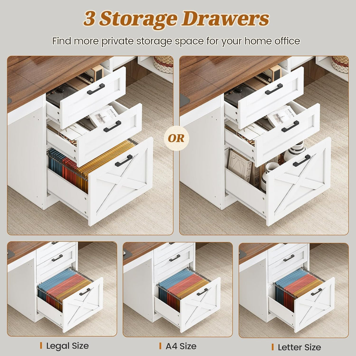 SEDETA Farmhouse 96.5' Computer Desk with Drawers, 2 Person Home Office Desk, Gaming Double Desk with Storage Shelves, Long Two Person Writing Desk (White and Brown)