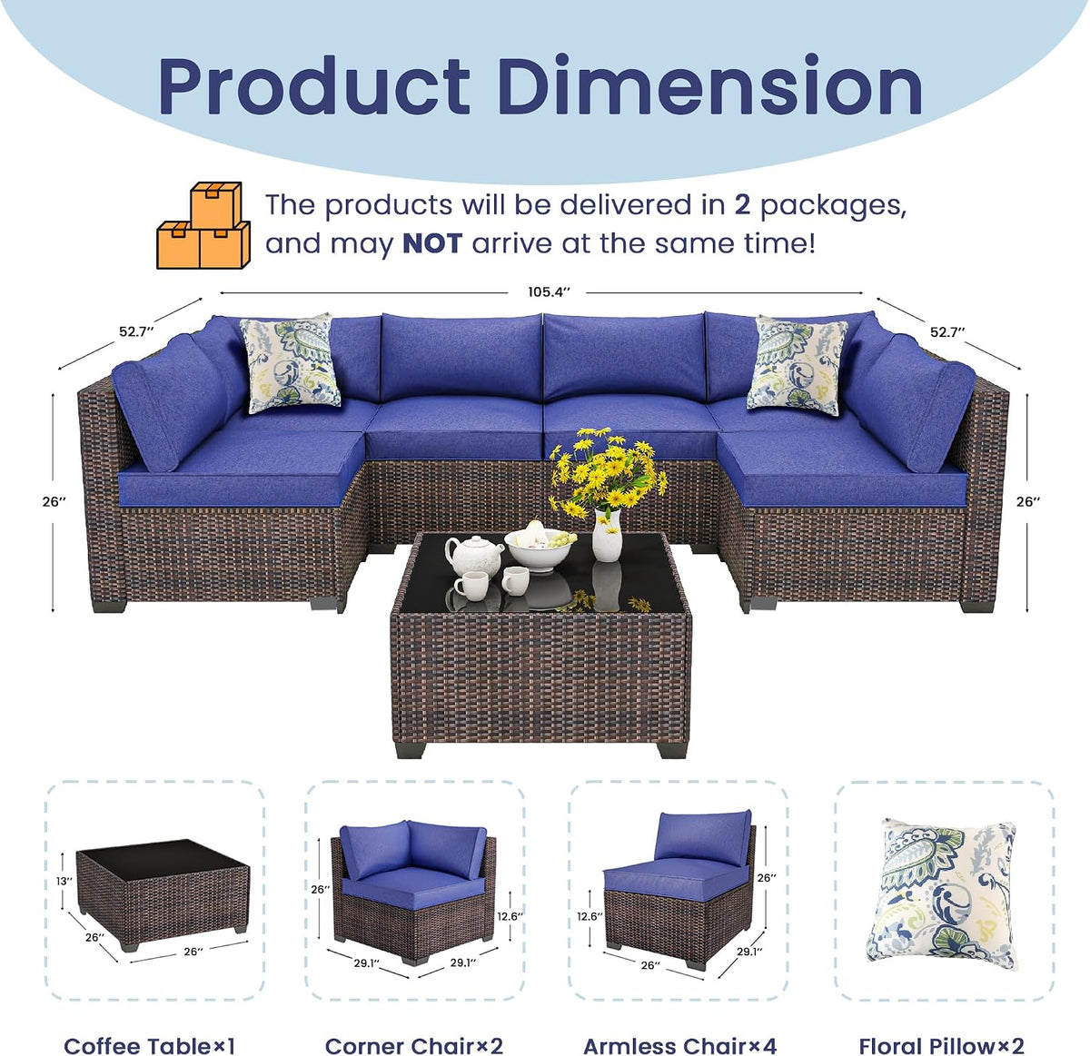 8 Piece Outdoor Patio Furniture Set, Outdoor Sectional Furniture, Rattan & Wicker Modern Modular Conversation Set Sofa Couch W/Water Resistant Washable Thick Cushions and Coffee Table, Brown/Blue