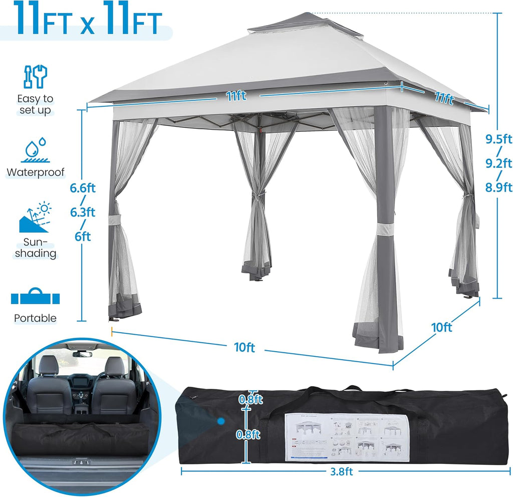 Yaheetech 11x11 Pop Up Gazebo Outdoor Canopy Shelter, Instant Patio Gazebo Sun Shade Canopy Tent with 4 Sandbags, 2 Tiers Roof & Mesh Netting for Lawn, Garden, Backyard & Deck, Gray