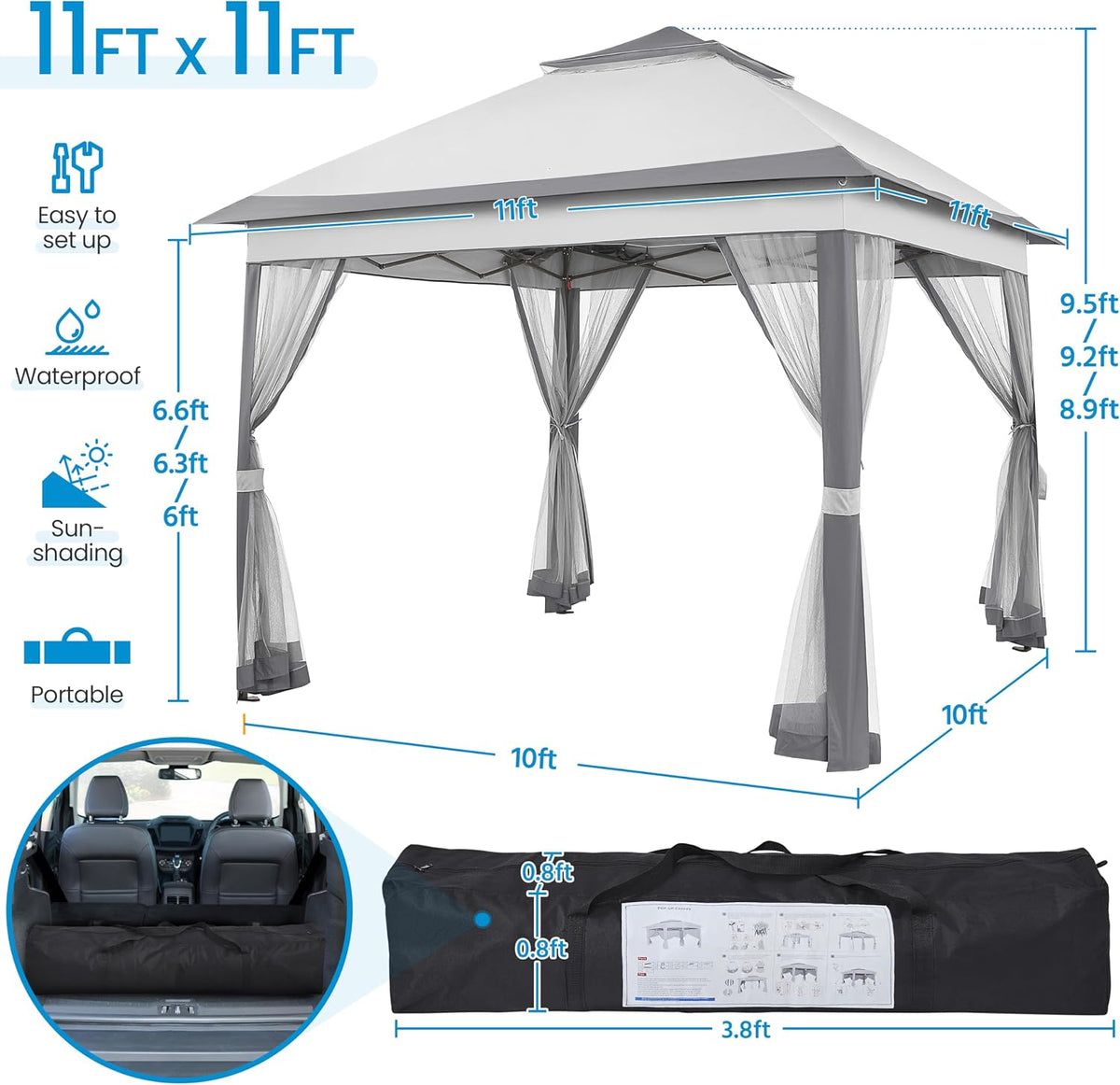 Yaheetech 11x11 Pop Up Gazebo Outdoor Canopy Shelter, Instant Patio Gazebo Sun Shade Canopy Tent with 4 Sandbags, 2 Tiers Roof & Mesh Netting for Lawn, Garden, Backyard & Deck, Gray