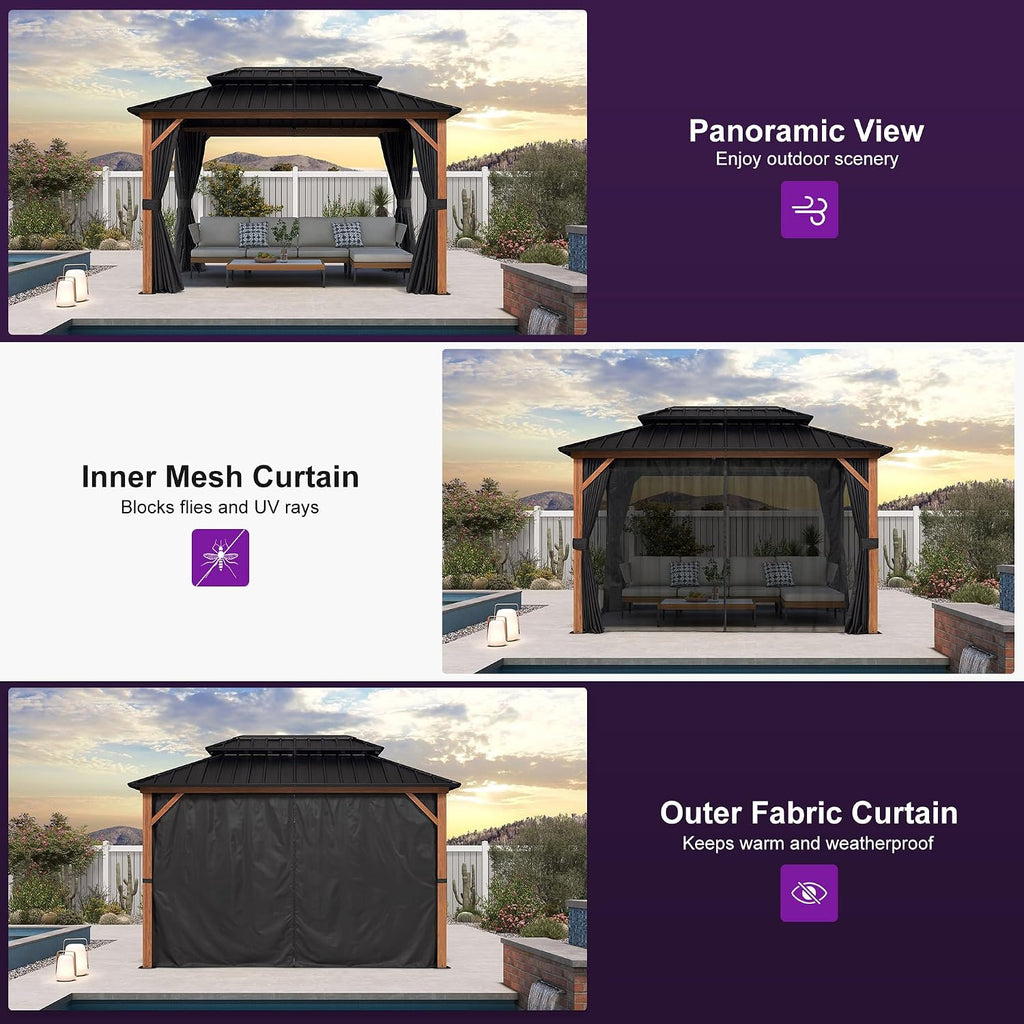 PURPLE LEAF 8' X 12' Hardtop Gazebo Outdoor Wood Grain Aluminum Frame Galvanized Steel Double Roof Gazebos with Netting and Curtains for Patio Deck Backyard Garden
