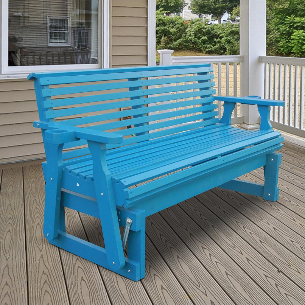 3-Seater Outdoor Glider Chair, 5FT Wood Porch Glider with High Roll Back, Cupholders and Deep Contoured for Porch, Garden, Blue
