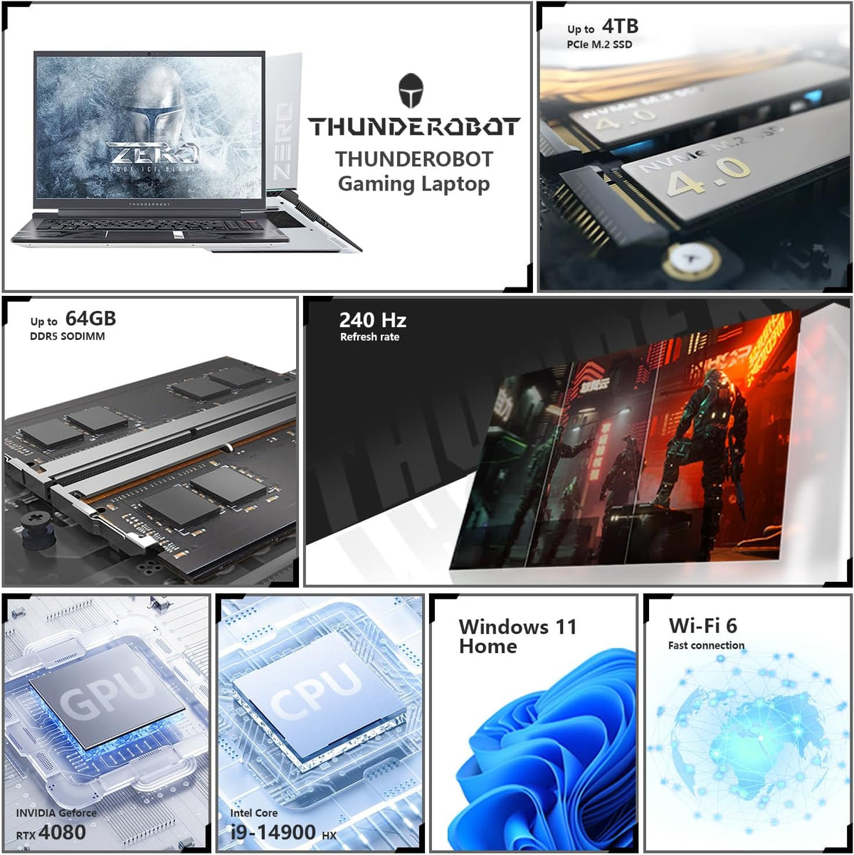 Thunderobot Zero 16 i9 4080 Gaming Laptop, 16' QHD+ 240Hz 2.5K Display, 14th Gen Intel Core i9-14900HX, GeForce RTX 4080, 32GB DDR5 RAM, 1TB SSD, RGB Backlit Keyboard, Wi-Fi 6, Windows 11 Home, White