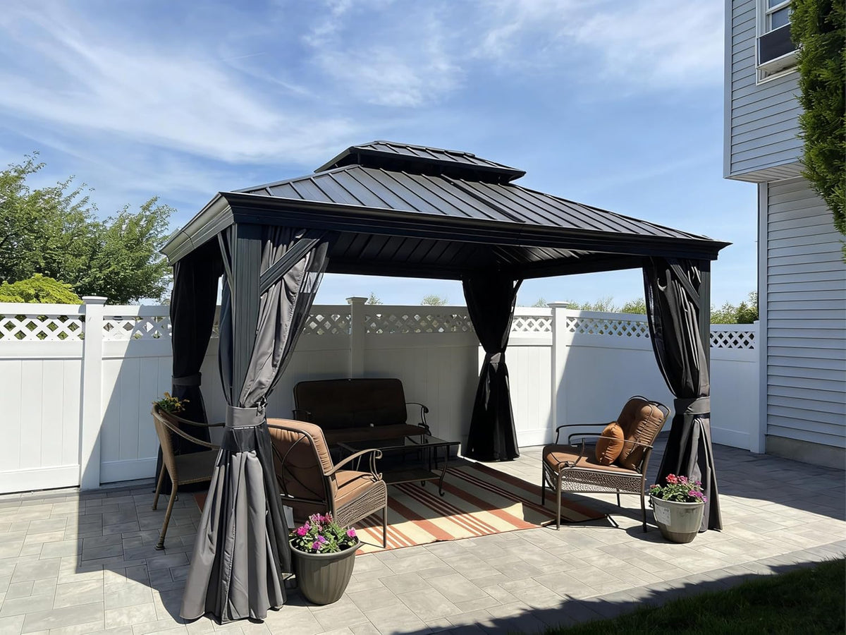 PURPLE LEAF 10' X 12' Permanent Hardtop Gazebo Aluminum Gazebo with Galvanized Steel Double Roof for Patio Lawn and Garden, Curtains and Netting Included, Grey