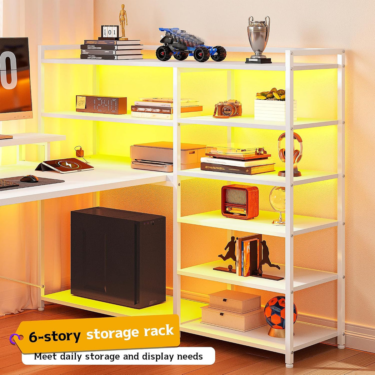 DurayLoly Computer Desk with 6 Storage Shelves & 2 Fabric Drawers,63'' L Shaped Gaming Desk with Power Outlet & LED Strip, Reversible Office Desk with Monitor Stand, White