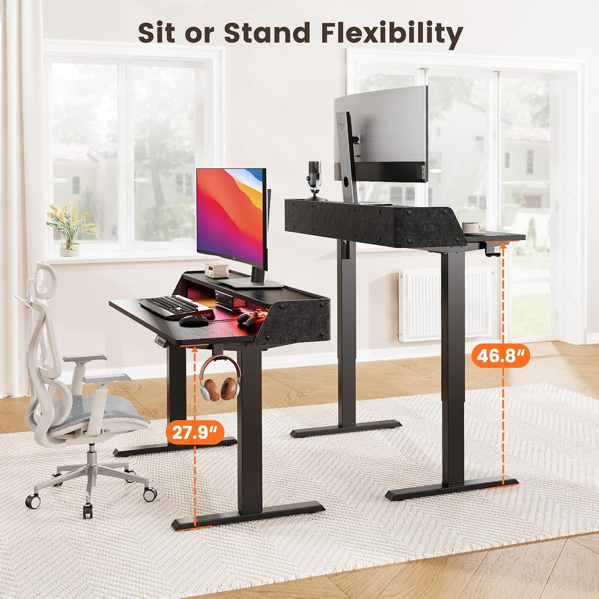 ErGear Standing Desk with LED Strip, 48″ x24″ Electric Height Adjustable RGB Gaming Desk with Shelf, Sit Stand Desk with Dual Cable Holes, C-Clamp Mount Compatible, 4 Preset Heights, Black